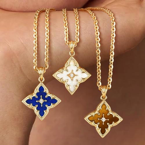 Fettero Gold Clover Necklace for Women Dainty 14K Gold Plated CZ Pendant Necklace Adjustable Chain Choker Charm Colorful Clover Pendant Lucky Necklaces for Women Jewelry - color: Brownish yellow