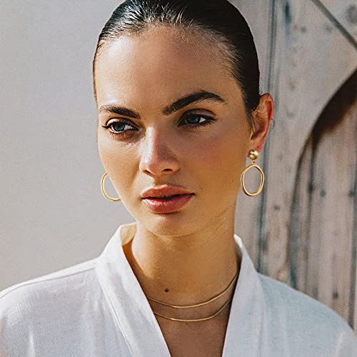 Stud Earrings for Women 14k Gold Plated Geometric Dangle Earrings Lightweight Minimalist Handmade Hammered Texture Oval Disc Drop Double-layer Big Hoop Dangle Earrings for Women - color: Big Hoop-Gold