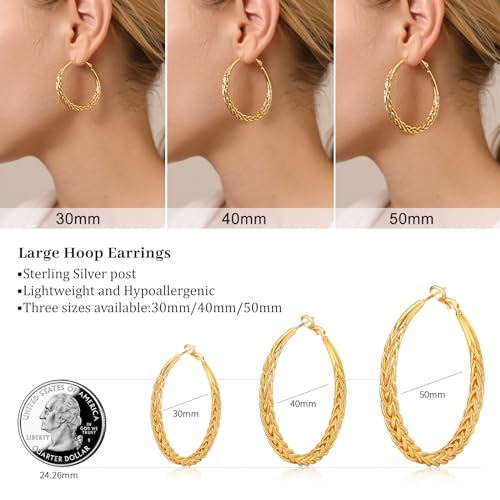 Senteria Silver Hoop Earrings for Women Hypoallergenic 925 Sterling Silver Post Hoop Earrings Lightweight Large Hoops Earring Thick Twisted Silver Hoops 30/40/50MM - color: 30MM Gold