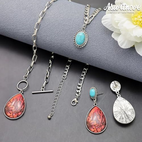3 Pcs Western Turquoise Jewelry for Women Bohemian Set Cactus Turquoise Necklace Boho Dangle Earrings Country Concert Cowboy Chic Outfits for Women Jewelry Gifts Xmas Stocking Stuffers - color: Silver