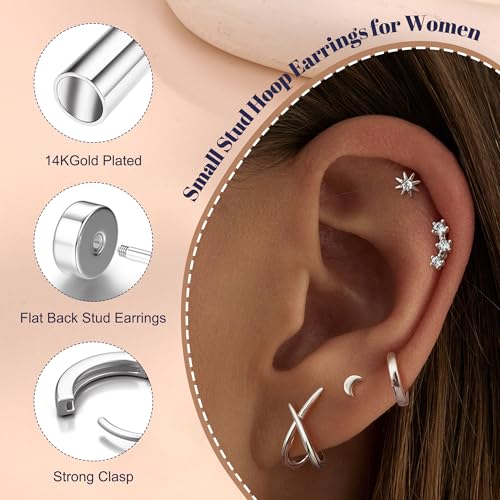 FUNRUN JEWELRY Stud Earrings for Women Trendy-14K Gold Plated Earring Studs Set Hypoallergenic Flatback Stud Earrings Small Dainty Sterling Silver Earring Stacks for Sensitive Ears - style: Silver Earring Stack