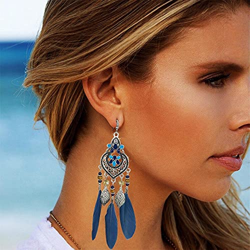 Bohemian Earrings Feather Tassel Silver Ethnic Retro Boho Dangle Earring Bead Women Jewelry for Birthday Party Gifts (Blue) - color: Blue