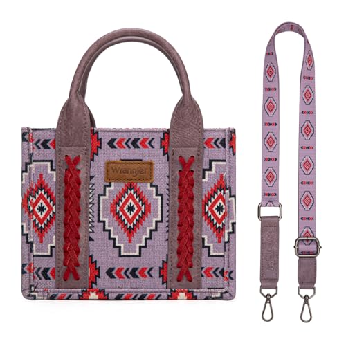 Wrangler Mini Aztec Tote Bag for Women Boho Small Top Handle Purse with Adjustable Strap - color: Boho Purple
