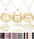 FAXHION 68 Pcs Gold Jewelry Set for Women with 7 Necklace, 17 Bracelet, 5 Hoop Earrings, 15 Stud Earrings, 24 Knuckle Rings for Women Jewelry Set for Women Gift - color: gold women jewelry