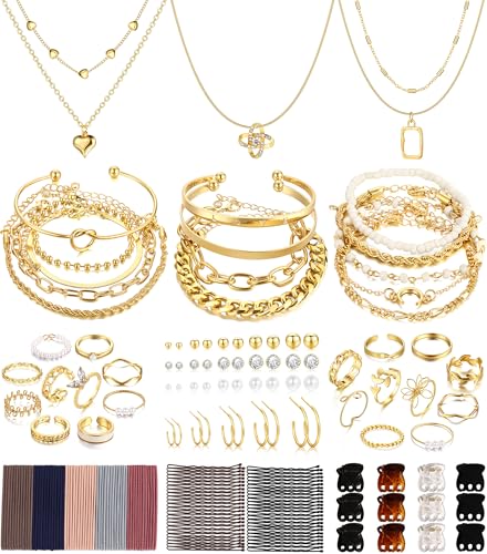 FAXHION 68 Pcs Gold Jewelry Set for Women with 7 Necklace, 17 Bracelet, 5 Hoop Earrings, 15 Stud Earrings, 24 Knuckle Rings for Women Jewelry Set for Women Gift - color: gold women jewelry