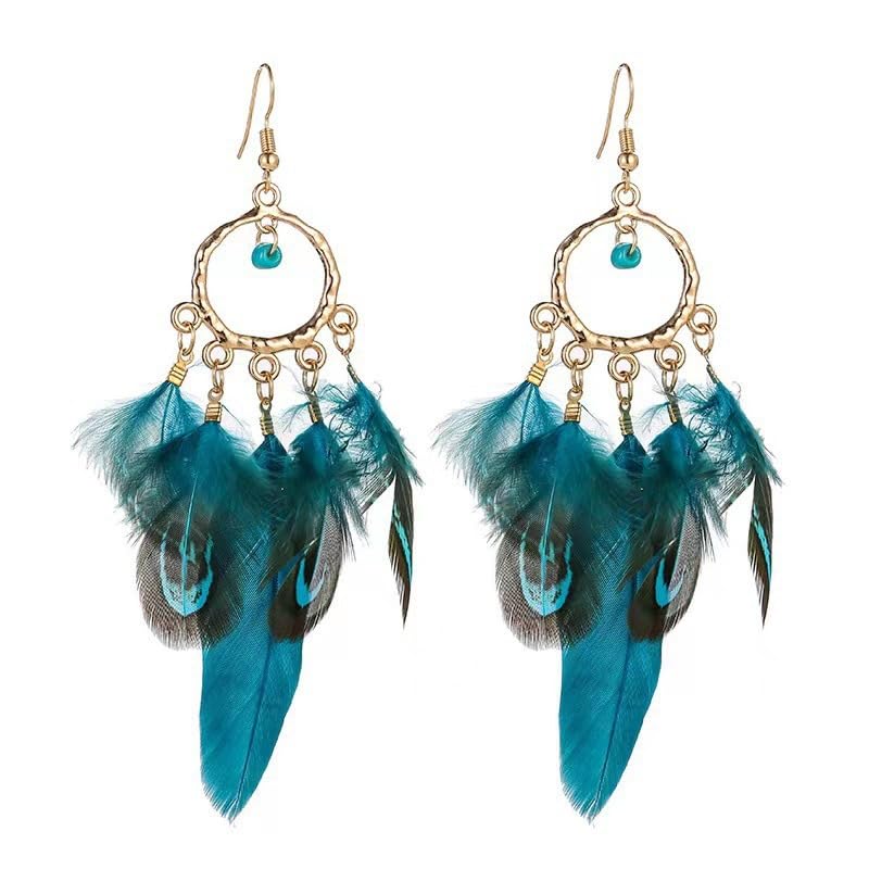 Feather Earrings for Women, Boho Long Brown Gold Dangle Drop Earrings, Handmade Statement Vintage Western Style Lightweight Trendy 2026 Fancy Unique Jewelry Gift - color: Green