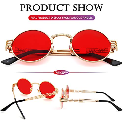 AIEYEZO Round Steampunk Sunglasses for Men Women Retro Circle Hippie Glasses Metal Frame 100% UV Blocking Lens - color: 2 Pack (Gold/Blue Mirror, Gold/Red)