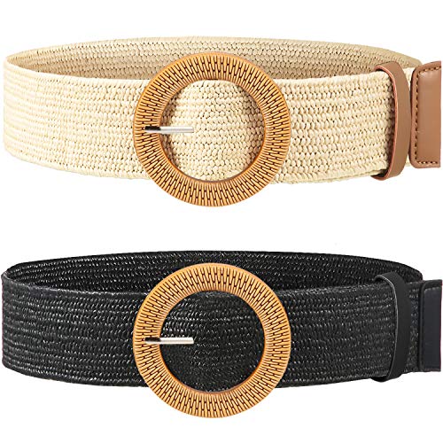2 Pieces Women Straw Woven Elastic Stretch Waist Belt Skinny Dress Braided Waist Belt with Wooden Style Buckle - color: Black and White