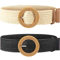 2 Pieces Women Straw Woven Elastic Stretch Waist Belt Skinny Dress Braided Waist Belt with Wooden Style Buckle - color: Black and White