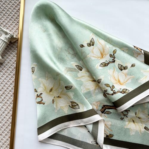 FONYVE 100% Mulberry Silk Scarfs for Women-Lightweight Square Satin Head Scarf-Small Silk Hair Scarf for Sleeping 21"x21" - color: 09 Green Flowers