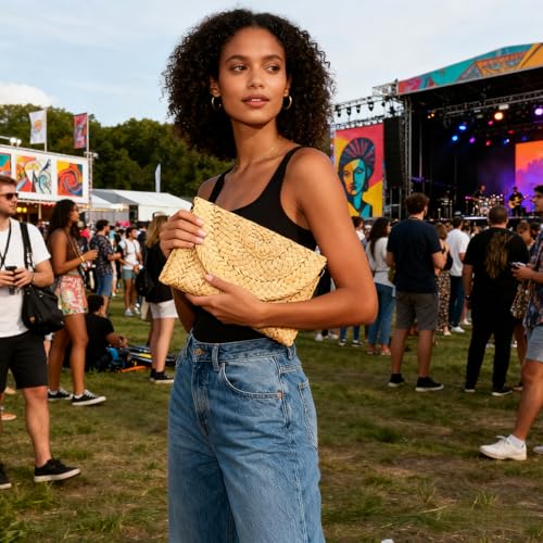 Boho Straw Clutch Purse for Women - 100% Natural Woven Straw, 11.8"×7.1" Envelope Design, 0.33 lbs with Magnetic Clasp for Summer Beach (Brown)