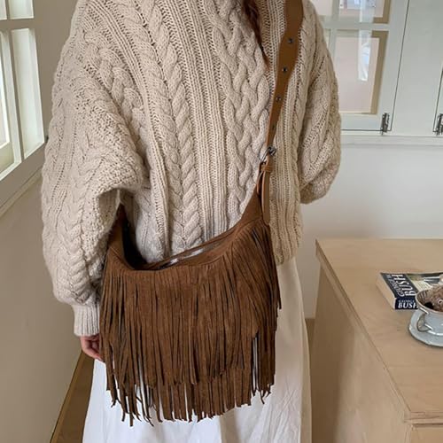 Fringe Genuine Suede Leather Hobo Bag Adjustable Crossbody Shoulder Bag Boho Retro Tassel Handbag Gift Box - color: Brown