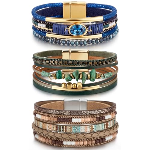 LOWNOUR Boho Bracelets for Women 3pcs Leather Bracelet for Women Western Jewlery Leopard Multi-Layer Crystal Beads Stone Leather Cuff Wrap Bracelets