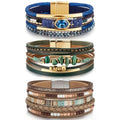 LOWNOUR Boho Bracelets for Women 3pcs Leather Bracelet for Women Western Jewlery Leopard Multi-Layer Crystal Beads Stone Leather Cuff Wrap Bracelets
