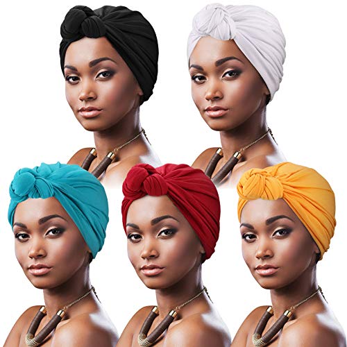 DRESHOW 5 Pack Knotted Headwraps for Women African Turban Pre-Knotted Beanie Headwraps Hair Covers - color: 5 Pack Knotted: Black, Russet, Mustarl, Teal, White
