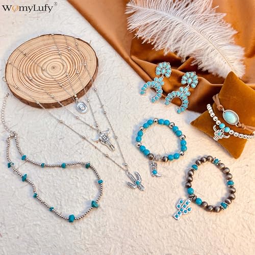 Turquoise Western Jewelry Set for Women, Boho Cowgirl Earrings Bracelet Stack and Layered Necklace, Silver Tone, Multiple Styles - style: Cactus & Bullhead