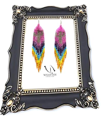 Long Beaded Dangle Earrings – Boho Native Handmade Seed Bead Tassel Bohemian Large Statement Drop Fringes for Women - color: Pattern2