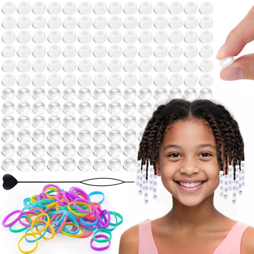 160Pcs 10mm Small Silicone Beads for Hair Braids, Soft Jellyish Pony Hair Beads with 5mm Hole + 50 Rubber Bands and 1 Beader for Braiding, DIY Bracelets Necklaces Crafts (White Clear) - color: White Mix-160Pcs