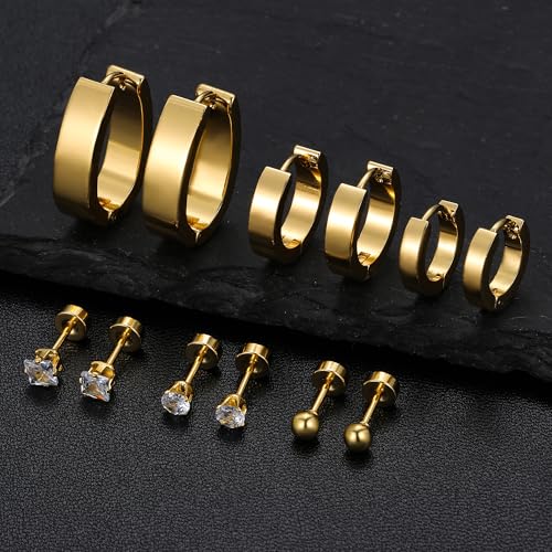 Silver Gold Plated Surgical Steel Flat Back Earrings for Women Hypoallergenic 14K Gold Plated Stud Huggie Earring Set Fashion Shell Cubic Zirconia Flatback Studs Cartilage Earrings Pack for Multiple Piercing 5/8Pairs - color: 6 Pairs Gold Plated Hoop Flat