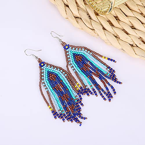 Long Beaded Tassel Earrings - Bohemia Colorful Bead Handmade Beaded Tassel Earrings，Gifts and Christmas - color: Dark gray blue