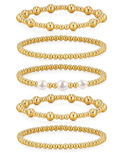 doubgood Gold Bracelets for Women, 5 Piece 14K Gold Plated Bracelet Stack Beaded Ball Jewelry Sets Gifts for Women - color: Style 2-Gold-7.25IN