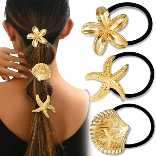 3PCS Gold Hair Ties, Metal Hair Ties for Thick Hair, Elegant Durable Geometric Design, Gold Hair Accessories Stretchy and Non-Damage Ponytail Holders, Ocean Pattern 3 Style Starfish Shell Flower - color: Gold Set 02