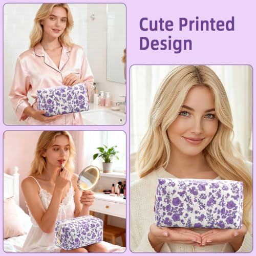 Small Makeup Bag Quilted Cosmetic Bag Floral Travel Toiletry Bags for Women Cute Pencil Case Quilted Makeup Pouch Aesthetic Coquette Cosmetic Pouch Cotton Make Up Bags Cute Zipper Pouches Purple - color: Ad-purple floer