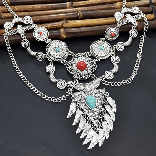 Bethynas Bohemian Ethnic Tribal Chunky Necklace Multilayer Long Tassel Turquoise Statement Neck Chain Retro Coin Gemstone Exaggerated Costume Accessories for Women - color: B-Silver