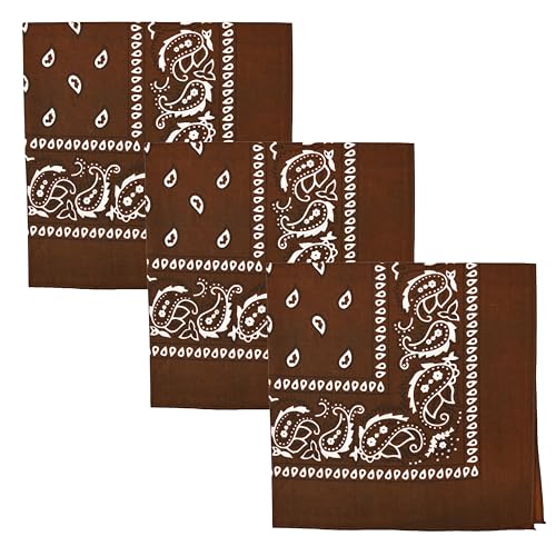 Motique Accessories Set of 3 Paisley Bandanas – 100% Cotton 22 Inch Head Scarf Neck Bandana Face Cover - color: Brown