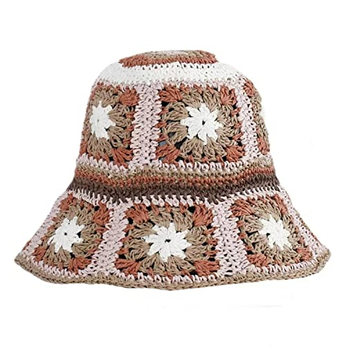 Women Straw Sun Hat Floral Woven Crochet Bucket Hat Y2k Aesthetic Accessories Beach Hat Hand Woven Boho Foldable Cap - color: Pink
