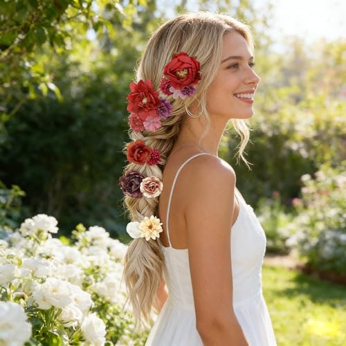 21 Pieces Silk Flower Hair Clip Women Aesthetic Boho Floral Hair Barrettes Handmade Rose Bride Barre Hair Accessories Wedding(Red) - color: Red