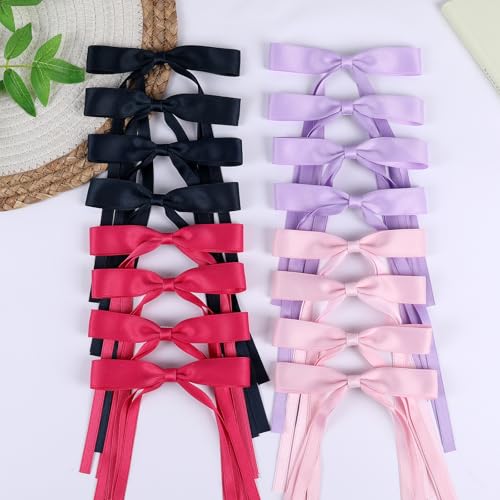 WORTL Hair Bows Clips Coquette Ribbon Bowknot with Long Tail Princess Hair Bows French Barrettes Hair Accessories for Women Girls 16PCS (Rose red, Dark Blue, Purple, Pink) - color: Rose red, Dark Blue, Purple, Pink