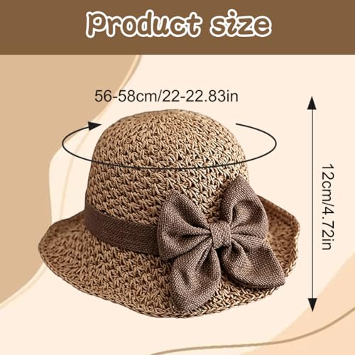 Womens Straw Hat Foldable Wide Brim Floppy Beach Sun Hats, Bucket Cap with Bowknot for Girls - color: Khaki