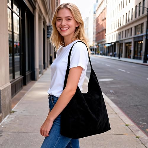 Suede Hobo Bags for Women Trendy Suede Shoulder Bag Slouchy Tote Handbag Suede Purse for Work Everyday | Suede Hobo Bags - color: Black