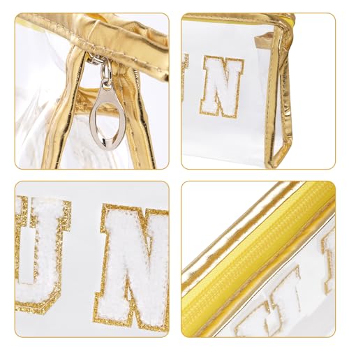 Clear Preppy Patch Makeup Bag, Sun Chenille Letter Bag for Beach, Pouch With Zipper, Travel Cosmetic Toiletry Bag for Women Girls Teens (Gold) - color: Gold