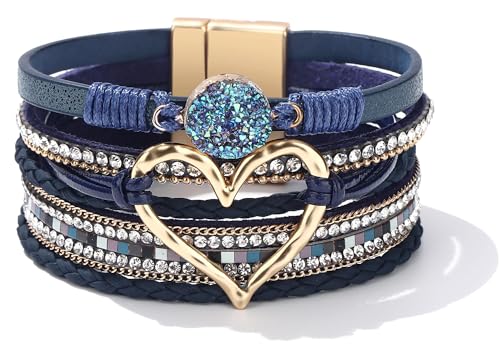 Long tiantian Leather Bracelets for Women Men Heart Wrap Bracelets Western Jewelry Cowgirl Outfits Birthday Gifts for Her - color: D3:blue leather bracelet