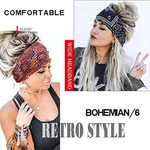 Olbye Wide Headbands Knotted Turban Headband Floral Non Slip Elastic Hairbands Workout Head Wraps Yoga Hair Scarfs Boho Fashion Hair Accessories for Women 6 Pcs (Chic)