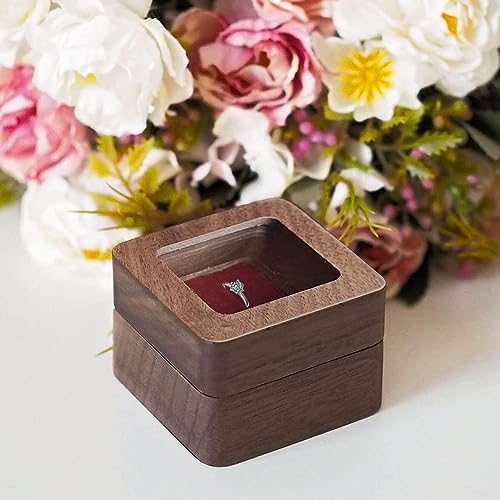 Wooden Ring box，Clear Skylight Ring Case,Solid Wood Square Jewelry Storage Box-ring bearer pillow for Wedding Ceremony, Engagement(red velvet) - color: Transparent skylight - 1 slot - Red velvet