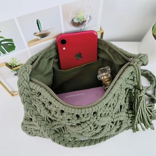 Eiyye Handmade Crochet Purse Boho Cotton Rope Crossbody Shoulder Bag with Tassel Casual Bag for Women - color: Green