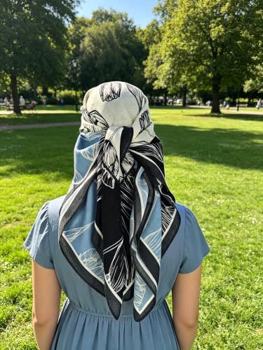 35" Head Scarf Large Square Scarf Like Cotton Hairscarf Fashion Scarves Bandana Night Sleeping Wraps for Women B01 - color: Black/Blue Tulips