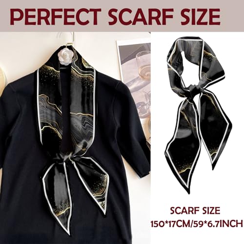 Hair Head Scarf Silk Feeling Long Satin Neck Satin Scarves for Handbag Cute Aesthetic Decoration Women Girls 59 * 6.7” - color: Y10-black Marble