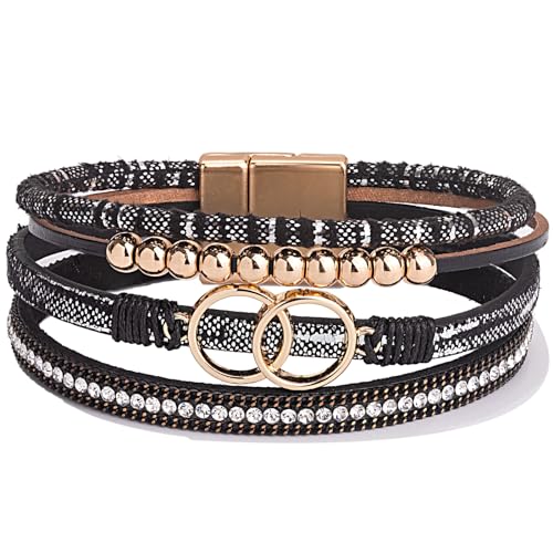 FANCY SHINY Boho Leather Wrap Bracelet Stackable Infinity Chunky Cuff Bracelets Western Hippie Outfits Jewelry Valentine Gifts for Women - color: Shiny Black