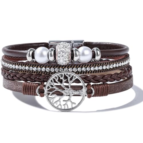FANCY SHINY Tree of Life Leather Wrap Bracelets Boho Pearl Rhinestone Bead Braided Bracelet with Magnetic Closure Inspirational Spiritual Jewelry Gift for Women