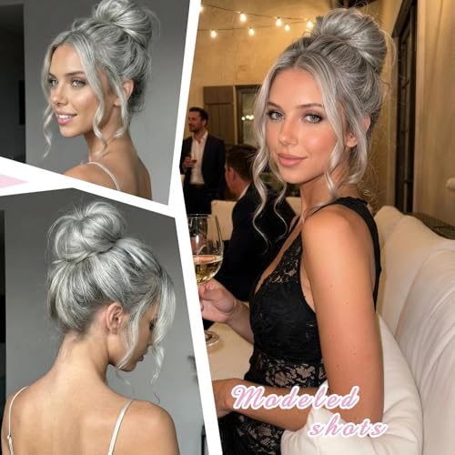 Human Hair Messy Bun Scrunchie Extensions for Women, Real Wavy Curly Ponytail Hair Piece, Lightweight Tousled Fake Buns Stretchy Fluffy Donut Updo, White Mix Black 25g - color: White Mix Black