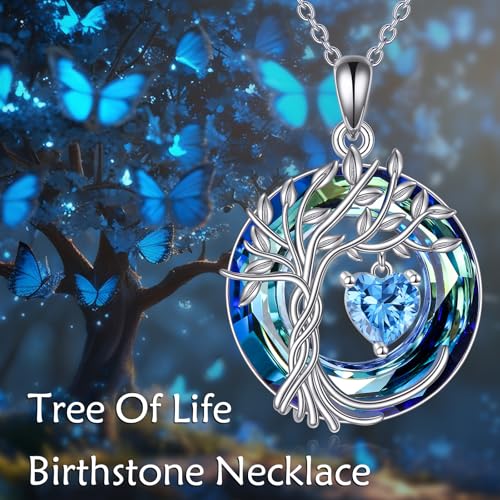 POPLYKE Mothers Day Gifts for Mom Her Wife Tree of Life Necklace 925 Sterling Silver Birthstone Pendant with Crystal Anniversary Birthday Wedding Jewelry for Women - color: 12-Dec-Blue Topaz, style: White Gold Plated-Blue Crystal