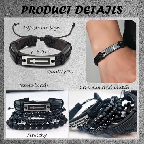 Punk Braided Leather Bracelets for Men Women Gothic Wood Beaded Tribal Wrap Wristband Grunge Emo Multilayer Adjustable Mens Bracelet in Black Brown Fathers Day Gift - color: Black Cross