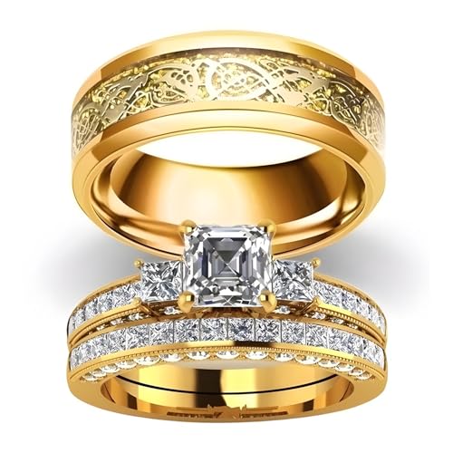3Pcs Moissanite Wedding Rings Sets for Couples, s925 10K 14K 18K Real Gold Wedding Rings Sets for Him and Her, Customized Matching Engagement Bands Set for Men and Women Free Engraving - style: Style-5