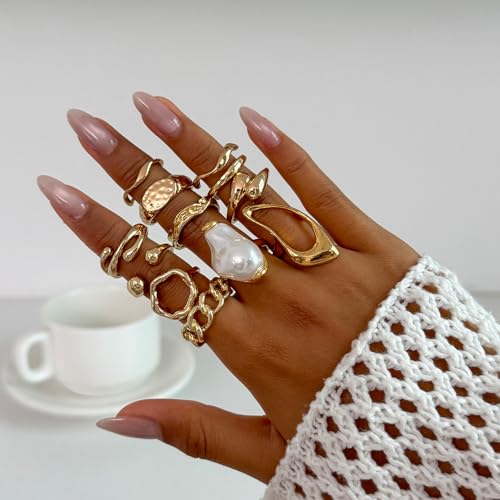 Chunky Gold Rings for Women Non Tarnish Boho Stackable Rings Set Adjustable Open Joint Finger Midi Knuckle Ring Packs - color: Gold Pearl Rings 12Pcs