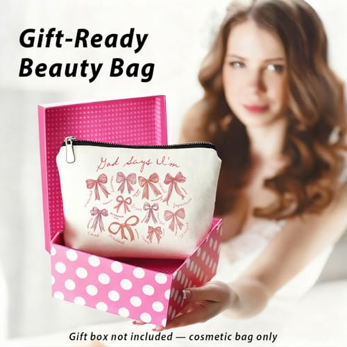 God Says I Am Pink Bow Christian Makeup Bag, Coquette Pink Bow Preppy Cosmetic Bags for Women, Inspirational Christian Gifts for Women, Girly Aesthetic Zipper Makeup Pouch - color: 01-God Says I Am - Pink Bow
