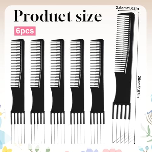 6 PCS Double-Head Parting Teasing Comb, Black Metal Prong Pick Combs Parting for Women Hair Pick Teasing Lifting Fluffing Combs for Styling Salon Fine Thick Thin Hair